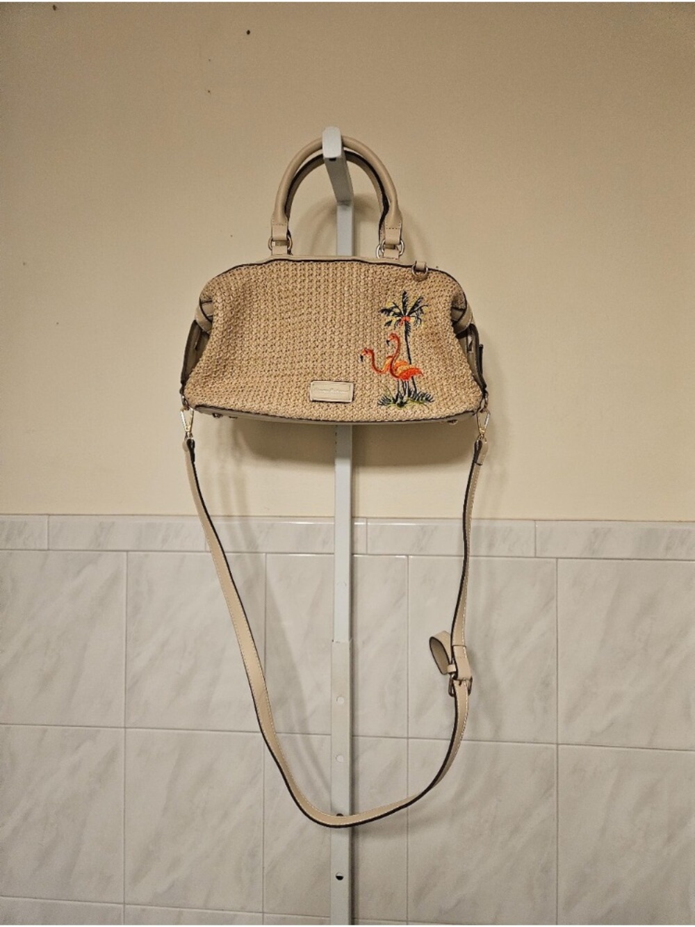 Woven Flamingo Satchel Crossbody Bag - Beige